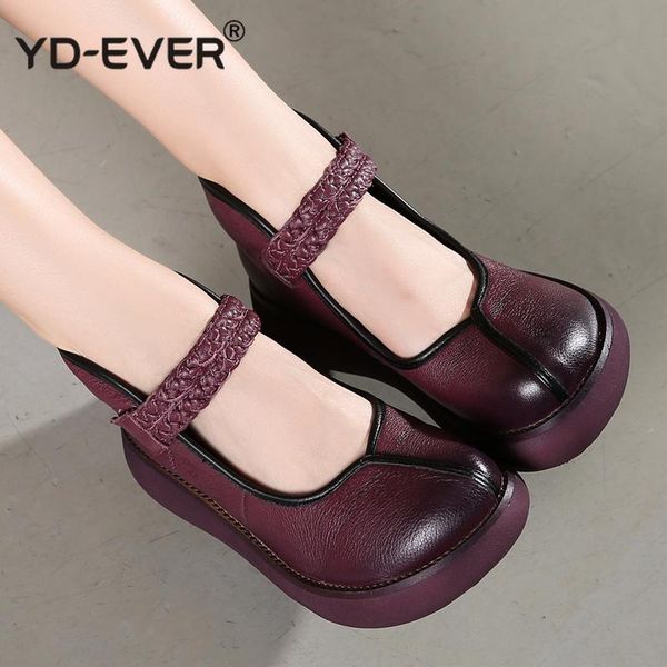

2020 spring genuine leather women pumps platform wedges round toes ankle strap high heel women shoes, Black