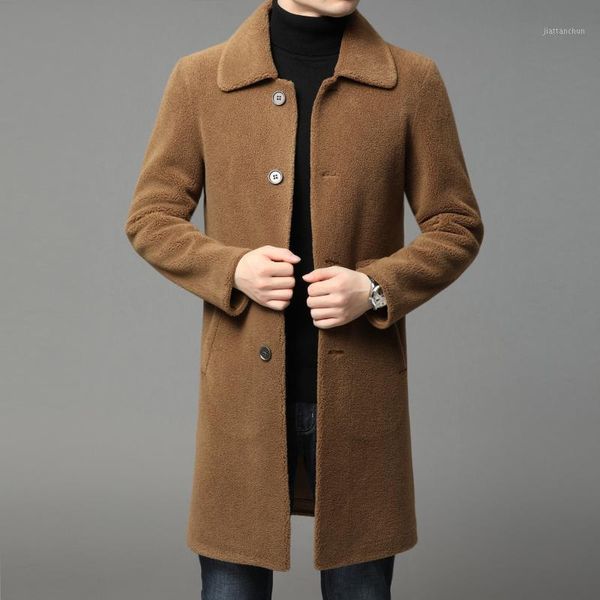 

sheep wool grain woolen coat men's medium length thickened warm lambskin wool sheep shearer coat1, Black