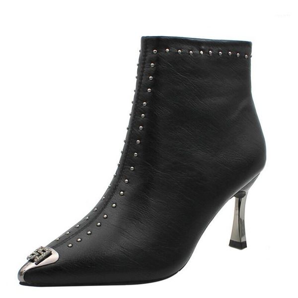 

rivet fashion short boots women 2020 new autumn and winter boots pointed toe anti-kick green high heels fairy st n1101, Black
