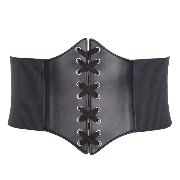 

plus size women retro solid black belt waist cincher lace up corset bandage high stretchy female adjustable tie wide waistband, Black;brown