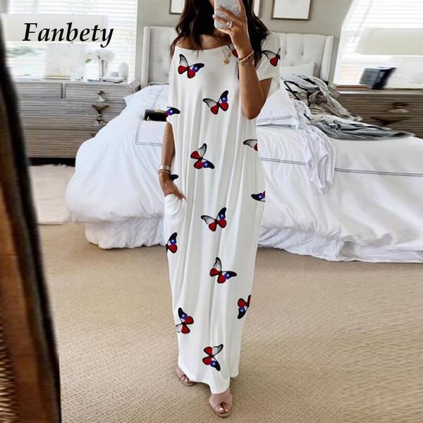 

women elegant off shoulder butterfly print dress summer casual o neck loose party dress lady summer short sleeve maxi dress t200604, Black;gray