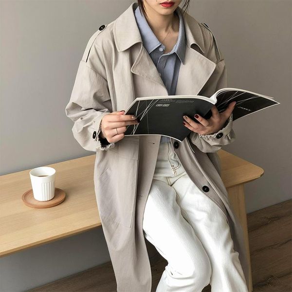 

women's trench coats single buttons loose womens autumn long outwear streetwear casual female 2021 apricot, Tan;black