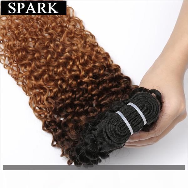 

3 4 bundles ombre spark brazilian human hair weave bundles closure afro kinky curly hair with closure remy human, Black