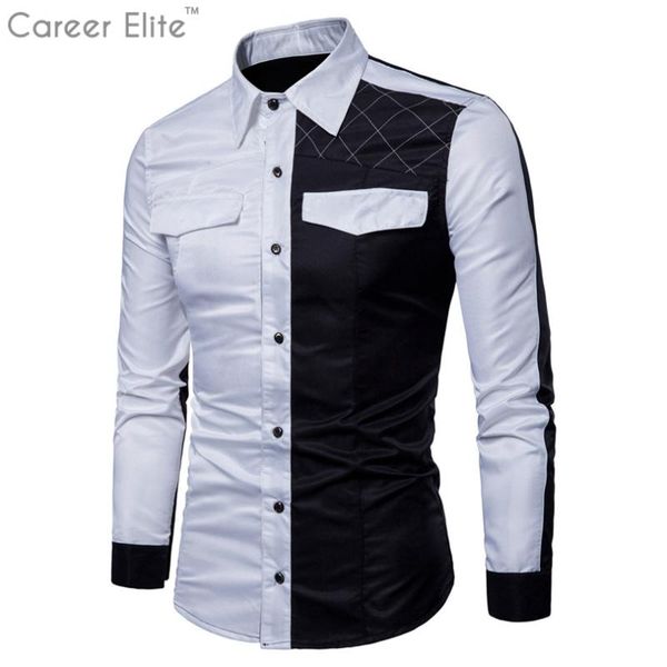 

men's casual shirts men clothes 2021 slim long sleeve business shirt male cotton splice british fashion man streetwear tee homme, White;black