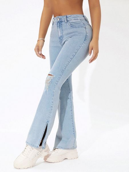 

petite high waisted split hem flare leg jeans w1qt#, Blue