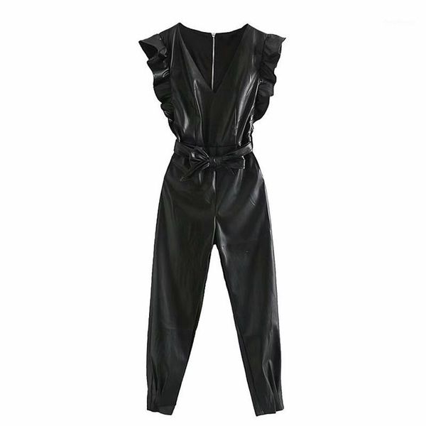 

chic pu leather ruffles sashes jumpsuits women fashion black v neck jumpsuit elegant ladies sleeveless jumpsuits1, Black;white