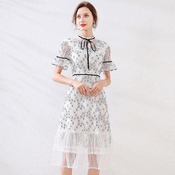 

s  l xl xxl new summer 2020 women dress short sleeve white black flower lace ruffles slim a line mid-calf elegant lady, Black;gray