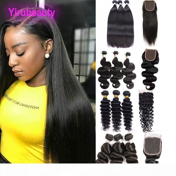 

peruvian human hair loose wave with 4x4 lace closure body wave straight kinky curly deep wave hair wefts with closure middle three way, Black;brown