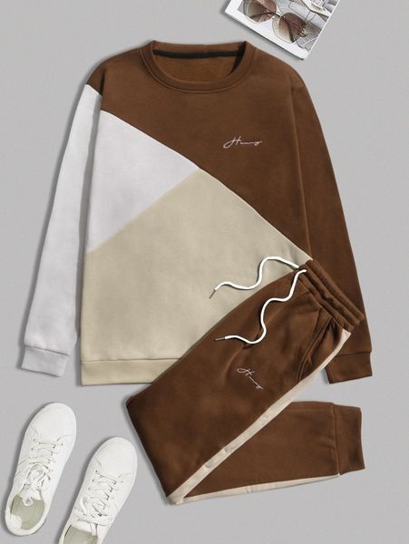 

men cut and sew letter embroidery thermal pullover & drawstring waist sweatpants 75n9#, Gray