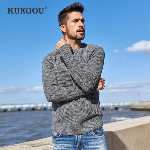 

kuegou autumn 100% cotton plain gray sweater men pullover casual jumper for male wear brand knitted plus size clothes 14012 201105, White;black