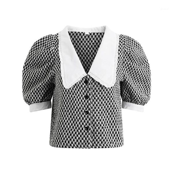 

perhaps u women shirt black white gray plaid short sleeve puff sleeve summer turn down collar kawaii b05881