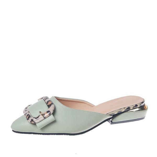 

2021 new women summer mules slip on pu slippers ladies pointed toe square low heels woman fashion metal leopard casual sandal zo71, Black