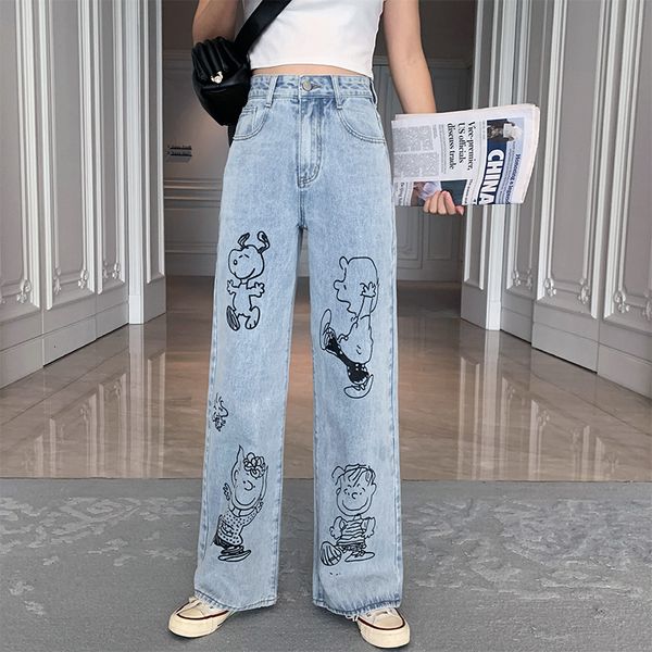 

2021 autumn women cute dog jeans vintage high waist straight loose wide leg pants cotton casual denim trousers female 5pqi, Blue