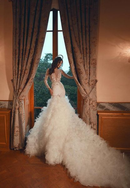 

lace mermaid wedding dresses scoop neck appliqued beaded long sleeves boho bridal gown ruffle tiered sweep train vestidos de novia, White