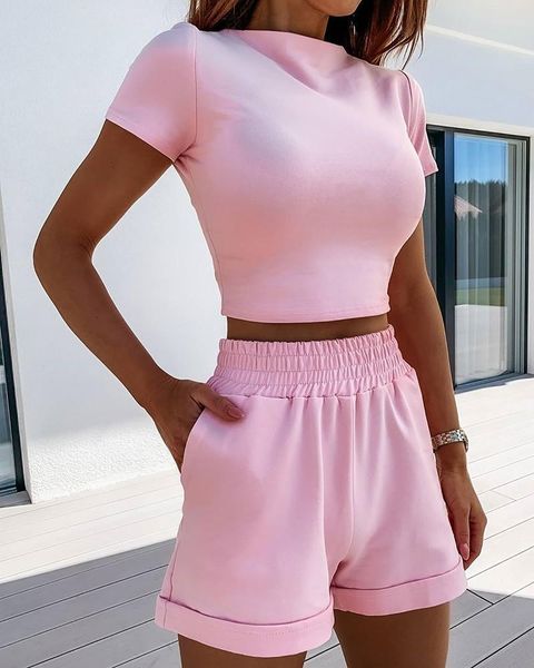 

2 piece set women summer o-neck casual crop 2020 female clothing tracksuit pockets loose shorts two piece, Gray