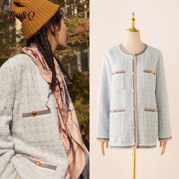

brand designer winter 2020 new luxury runway loose color patchwork long baby blue tweed cardigan coat jacket women o-neck 1, Black;brown