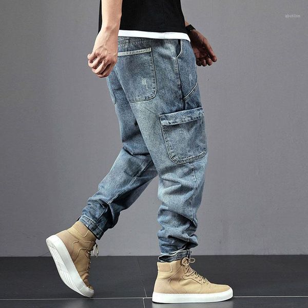 

men's jeans fashion streetwear men retro blue loose fit harem spliced pocket cargo pants embroidery designer hip hop1
