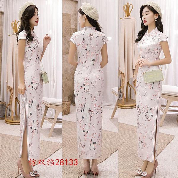 

mandarin collar long qipao slim oversize 4xl chinese style party prom dress print flower cheongsam vestidos1, Red