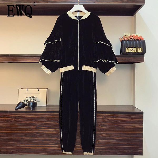 

ewq] two piece suit women's slim patchwork zipper full sleeve round collar long length pants 2020 new autumn fashion hc0561, Gray