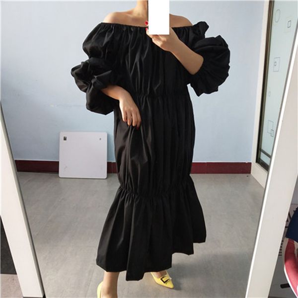 

[eam] women green pleated split joint big size midi dress new slash neck puff sleeve loose fit fashion spring autumn 2020 1s577 y200805, Black;pink