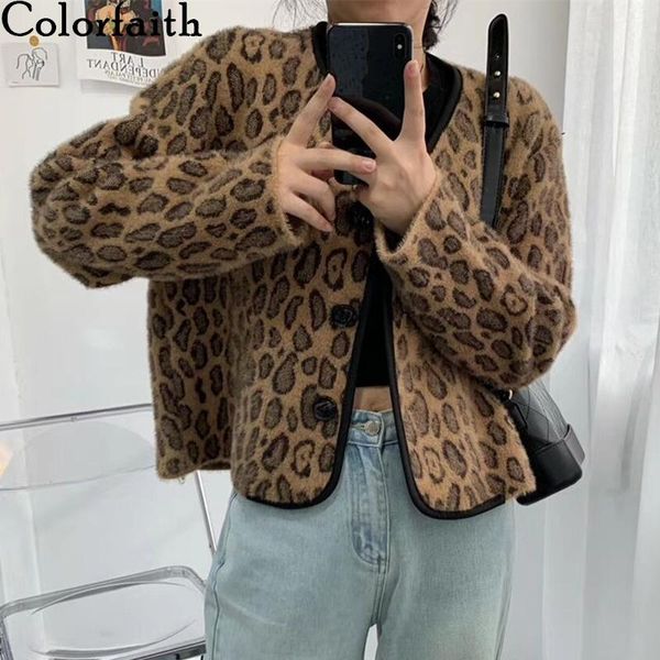 

colorfaith new 2021 autumn winter women's knitwear v-neck leopard fake mink cashmere button short cardigans lady swc1100jx, White