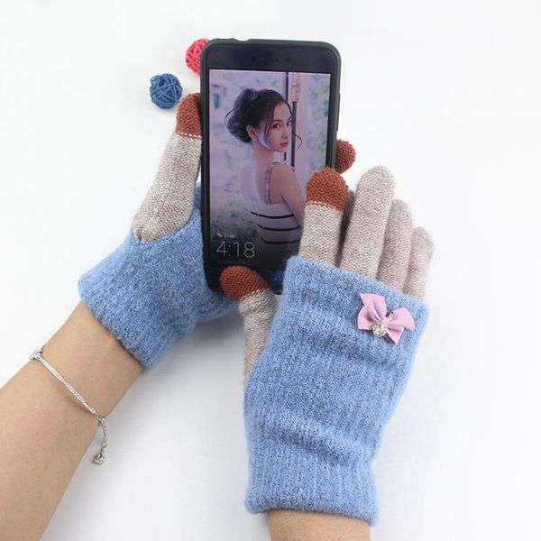 

five fingers gloves hairy korean version of women double-layered plush thick warm students riding knitted work winter, Blue;gray