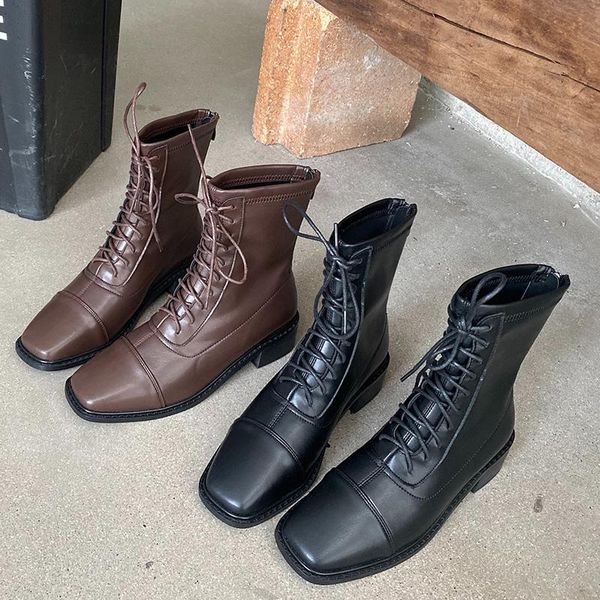 

2020 winter fashion women low heels ankle boots designer lace up martin boots vintage lady soft leather zippers flat shoes, Black