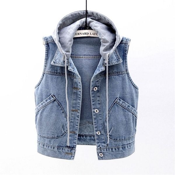 Denim Weste Frauen Kurze Frühling Mit Kapuze Große Tasche Ärmellose Jacke All-Match Slim Top Cardigan S-XXXXL 211220