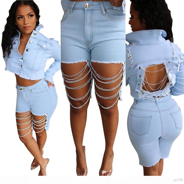 

2019 latest trendy women slim fit ripped jeans comfy stretch skinny holes jeans chains denim knee length pants summer only for pants, Blue