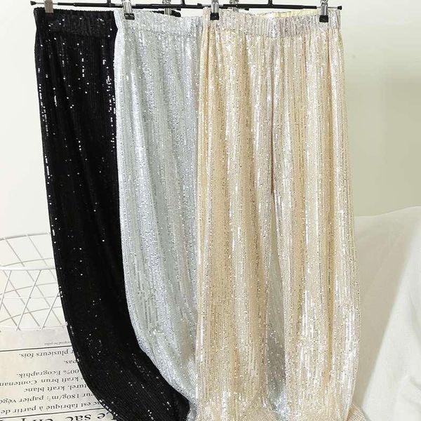 

women 2020 spring summer sequin shiny wide leg pants female casual party straight pants ladies high waist draped trousers y401, Black;white