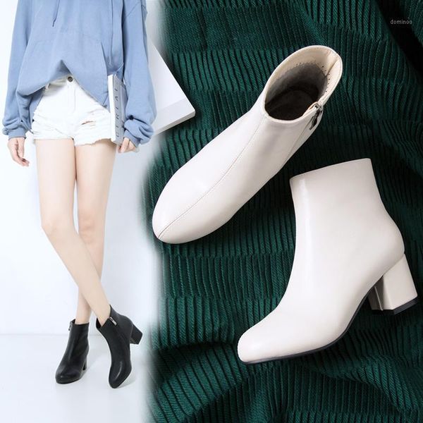 

white black women boots comfy square high heel ankle boots fashion round toe zipper autumn winter ladies shoes 20201