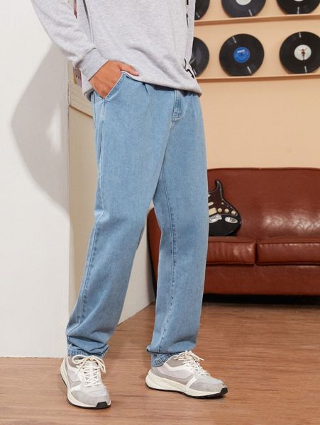 

men washed straight leg jeans m6oj#, Blue