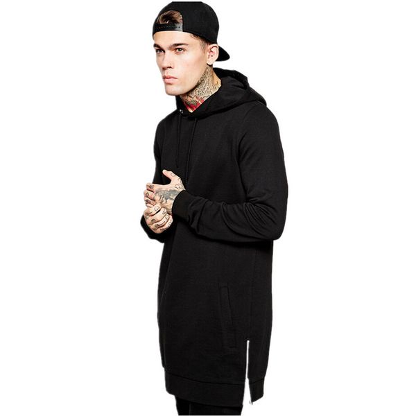 

wholesale-punkool new men fleece plus size hip hop streetwear longline side zipper hoodies sweatshirts mens solid color pullover hoodies, Black