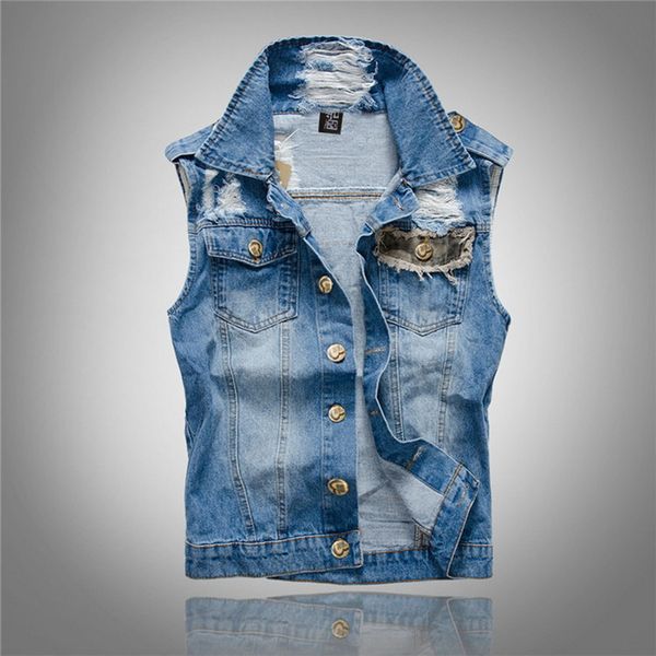

2020 torn jeans jacket men's denim shirt hip hop jacket men's jeans brand sleeveless coat large container 5xl, Blue;black