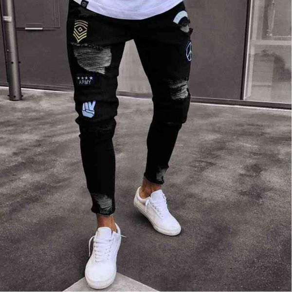

men's jeans est design slim fit ripped patch hi-street mens badge style denim jogger knee holes washed destroyed biker designer 3hwg, Blue