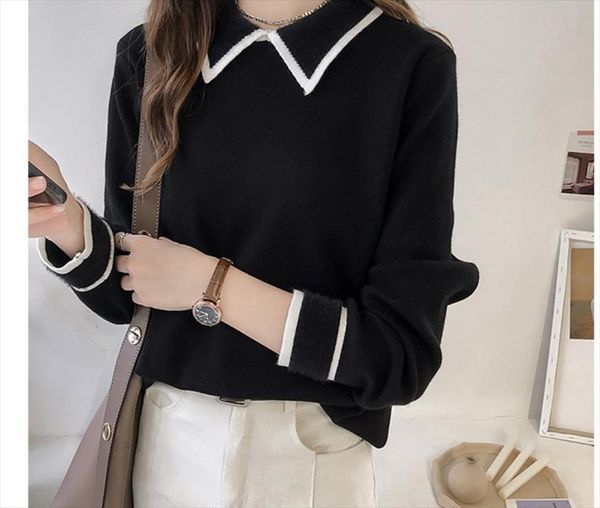 

женщины девушка зима питер пэн воротник вязаные пуловеры свободный свободный свитер полный рукав потерять свитер jumper шапито, White;black