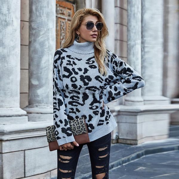 

women's sweaters 2021 autumn and winter fashion leopard sweater loose print large size commuter long sleeve high neck pullover women, White;black