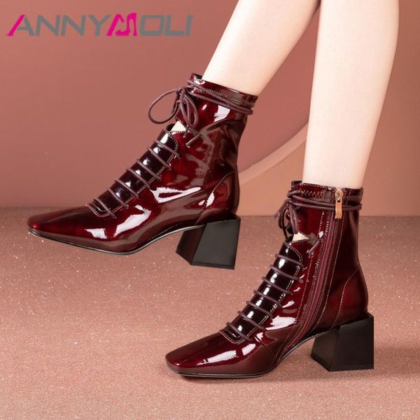 

annymoli ankle boots women shoes genuine leather high heel short boots square toe thick heels zip lace up lady autumn 41, Black