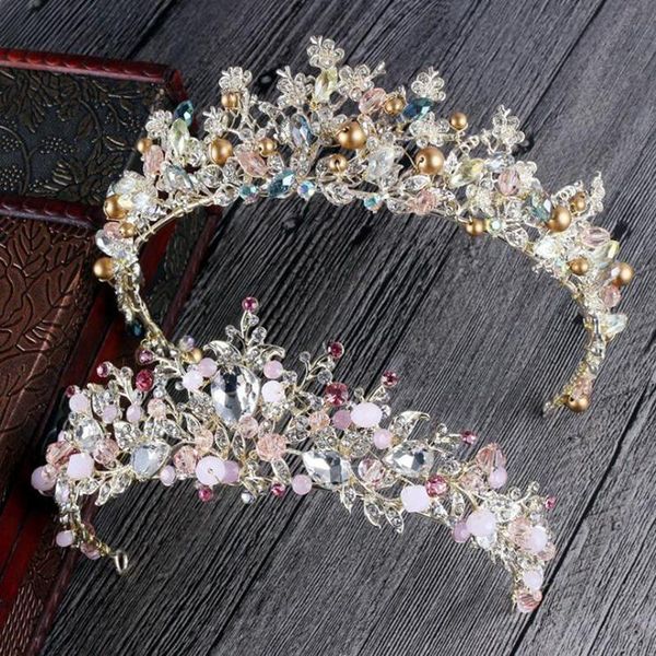 

bride hair jewelry baroque handmade beaded luxury pink crystal tiara sweet princess crown wedding hair accessories wholesale, Golden;silver