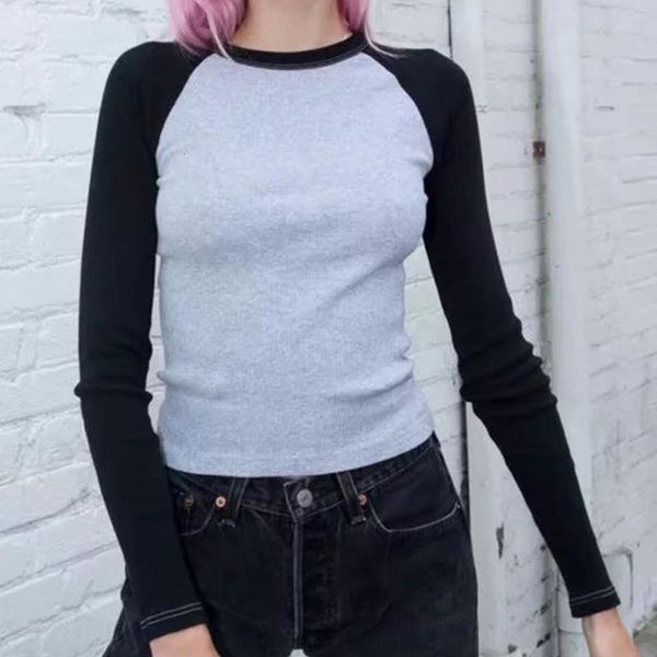 

autumn style american round neck wind high waist t-shirt with shoulder and color contrast, Black;gray