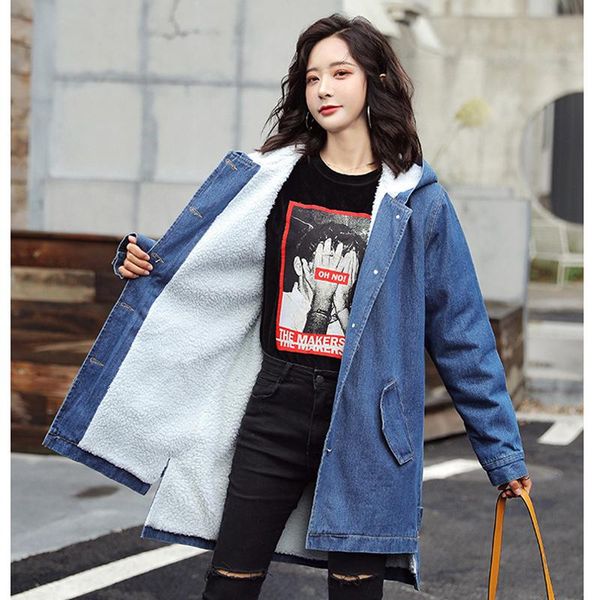 

2020 hooded denim jacket women 25 models plus velvet thick lamb fur coat long winter warm new female denim cotton coat m-4xl, Black;brown
