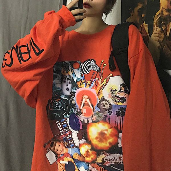 

houzhou hip hop sweatshirt women autumn fashion korean style loose hoodies women streetwear harajuku print long sleeve lj201102, Black