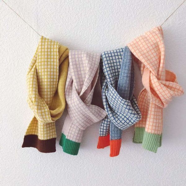 

knitted ins wind contrast plaid children's scarf cover autumn winter long color matching boys and girls wool neck, Red;brown