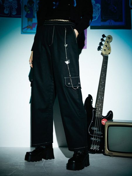 

romwe stitching trim straight leg pants s7g0#, Black;white