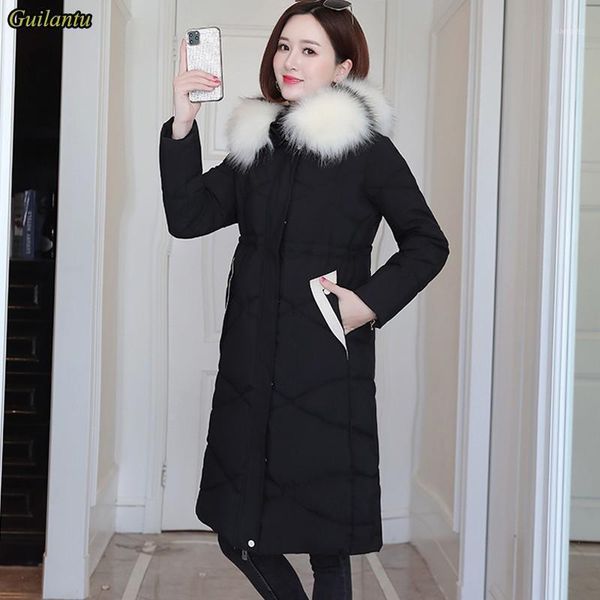 

guilantu 2020 women winter jacket coat plus size slim long parka woman thick down cotton padded chaquetas mujer fur hooded coats1, Black