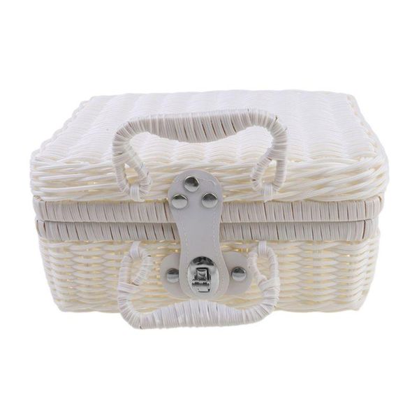 

vintage rattan woven storage case makeup holder suitcase sundries organizer box, Pink;blue