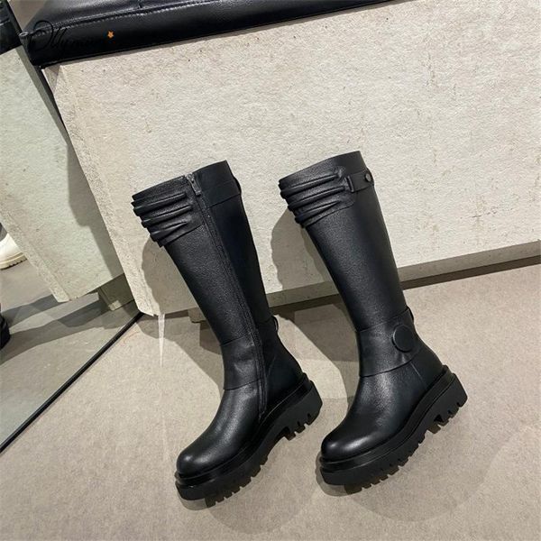 

ollymurs fashion style black white women knee-high boots round toe side zip thick heel women autumn winter boots shoes woman1