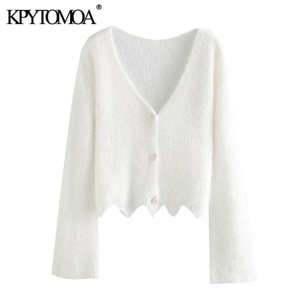 

kpytomoa women fashion button-up loose cropped irregular cardigan sweater vintage long sleeve female outerwear chic y200915, White;black