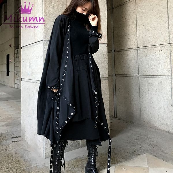 

punk style hollow out metal ring loose long coat jacket black gothic streetwear c1106, Black;brown