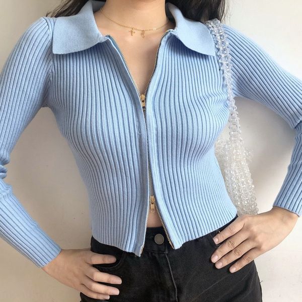 

spring 2020 new women's double zipper lapel long short coat sleeve knitted cardigan women's short coat bbexf, White;black